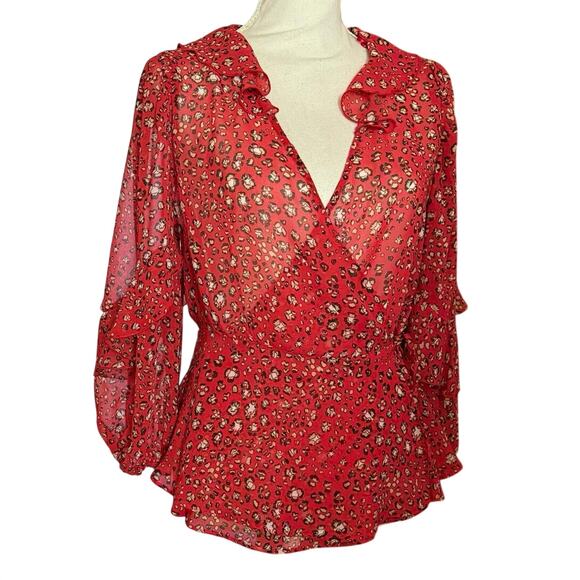 Zara RED animal print WRAP blouse V neck tie close sheer ruffle size M medium - Picture 9 of 15